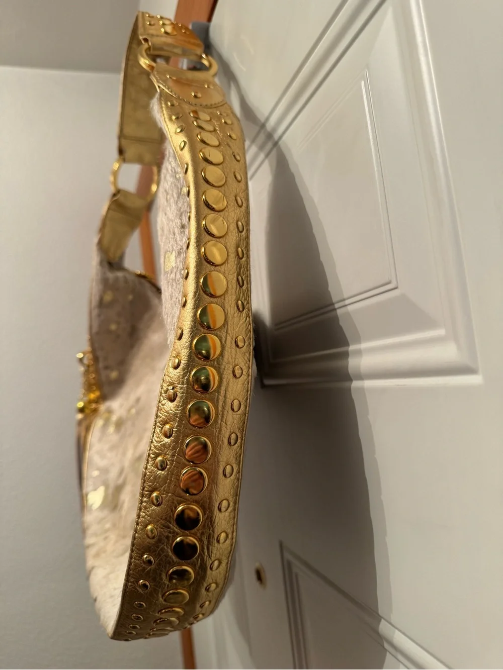Junior Drake Gold Studded with metallic Cowhide Hobo Bag Fringed Tassel